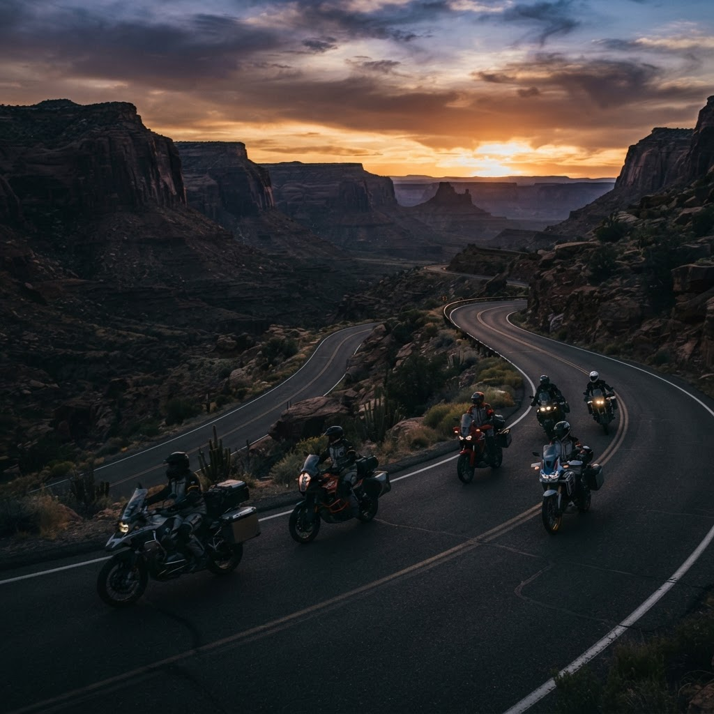Motorcycle group riding a mountain road at dusk